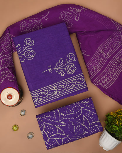 Premium Purple Hand Block Printed Cotton Suit With Chiffon Dupatta (BSCOTCH66)