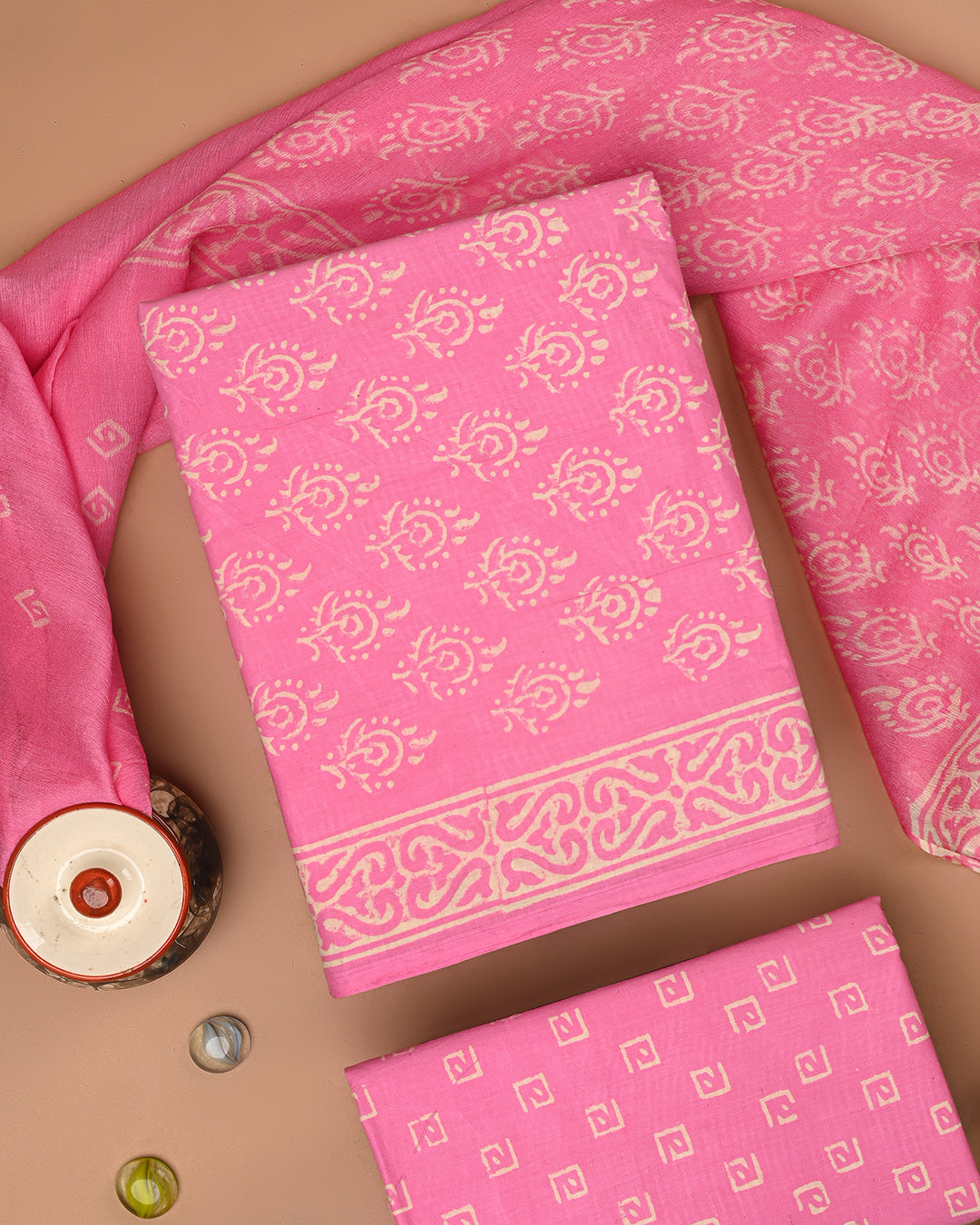 Premium Pink & golden Floral Sanganeri Print Cotton Suit With Chiffon Dupatta (BSCOTCH63)