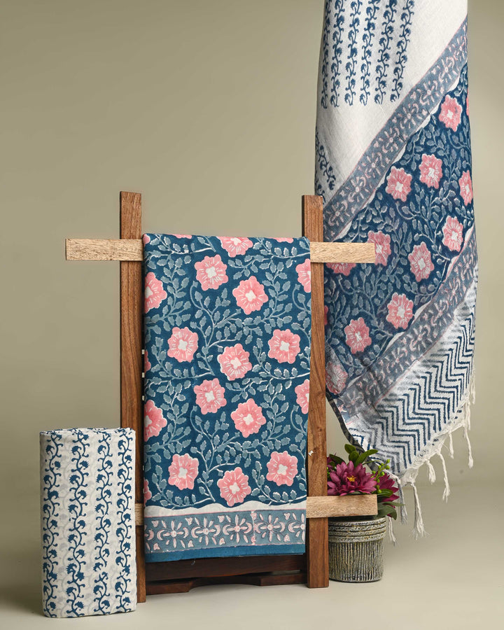 Premium Hand Block Printed Cotton Suit With Linen Dupatta BSLID40