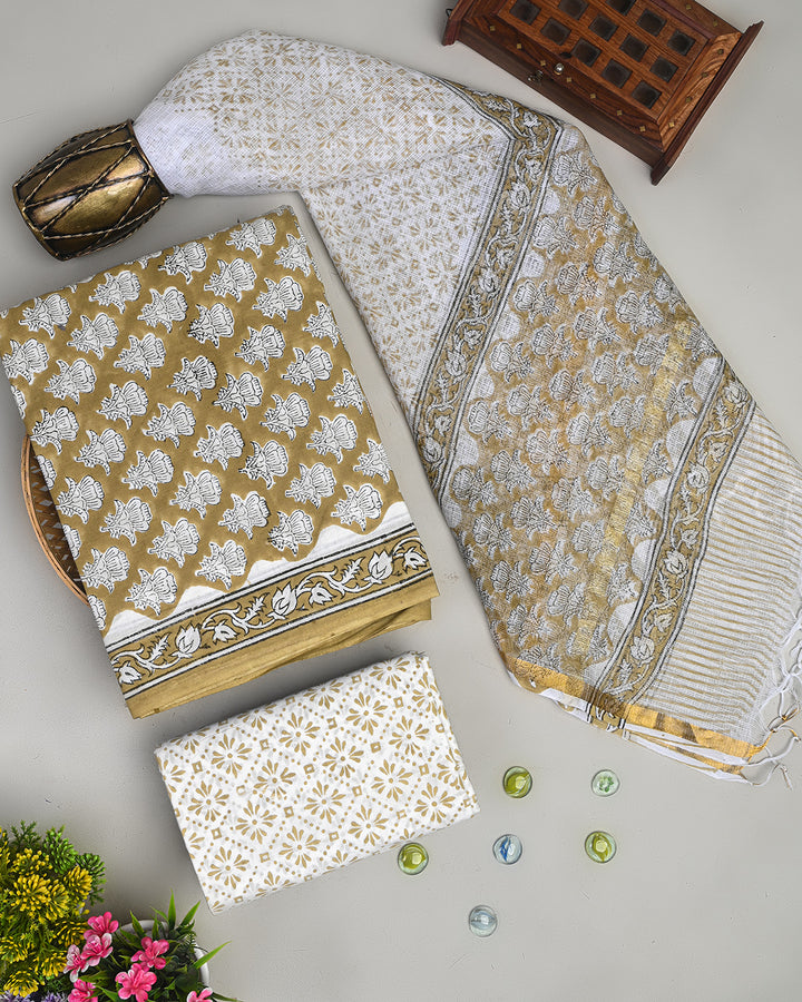 White - Block Printed Kota Doria Cotton Sanganeri Dupatta 40