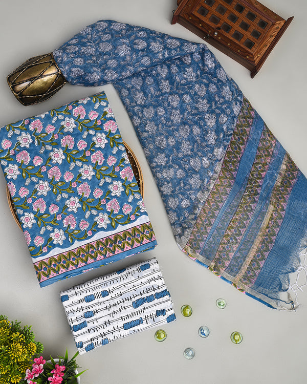 Exclusive Blue Floral Sanganeri  Print Cotton Suit With Kota Doria Dupatta (BSCOTKO29)
