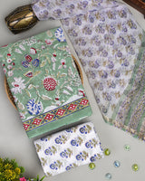 Exclusive Green Floral  Hand Block Print Cotton Suit With Kota Dupatta BSCOTKO50