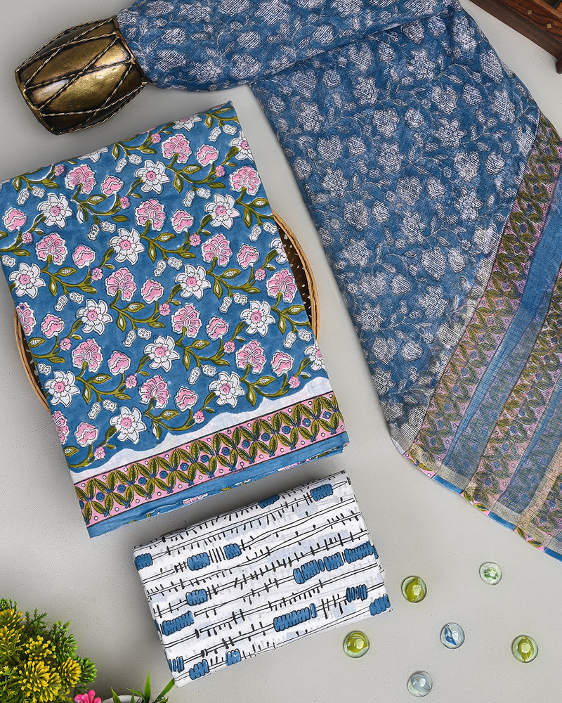 Exclusive Blue Floral Sanganeri  Print Cotton Suit With Kota Doria Dupatta (BSCOTKO29)