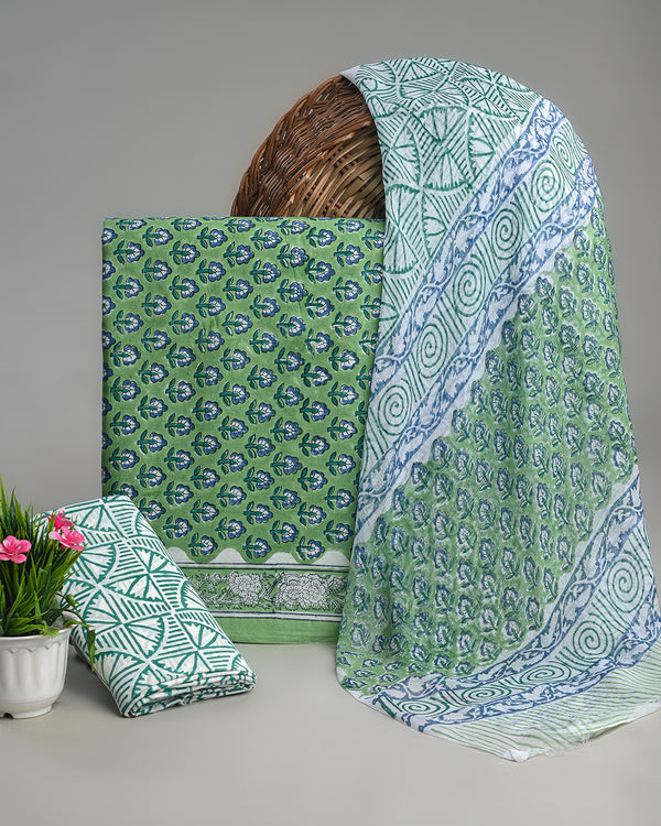 Premium Green With Blue Floral Sanganeri Print Cotton Suit With Chiffon Dupatta (BSCOTCH32)
