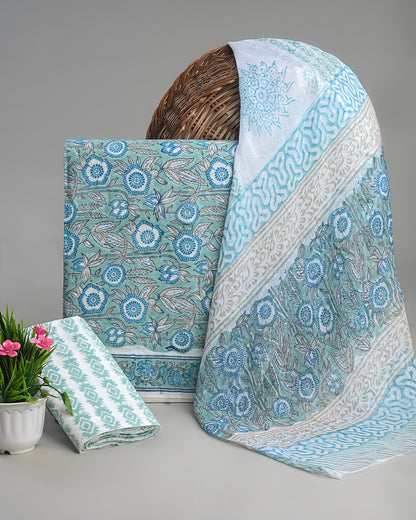 Premium Blue And White Floral Sanganeri Print Cotton Suit With Chiffon Dupatta (BSCOTCH25)