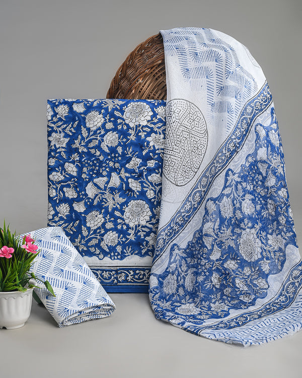 Premium Blue With White Floral Sanganeri Print Cotton Suit With Chiffon Dupatta (BSCOTCH36)