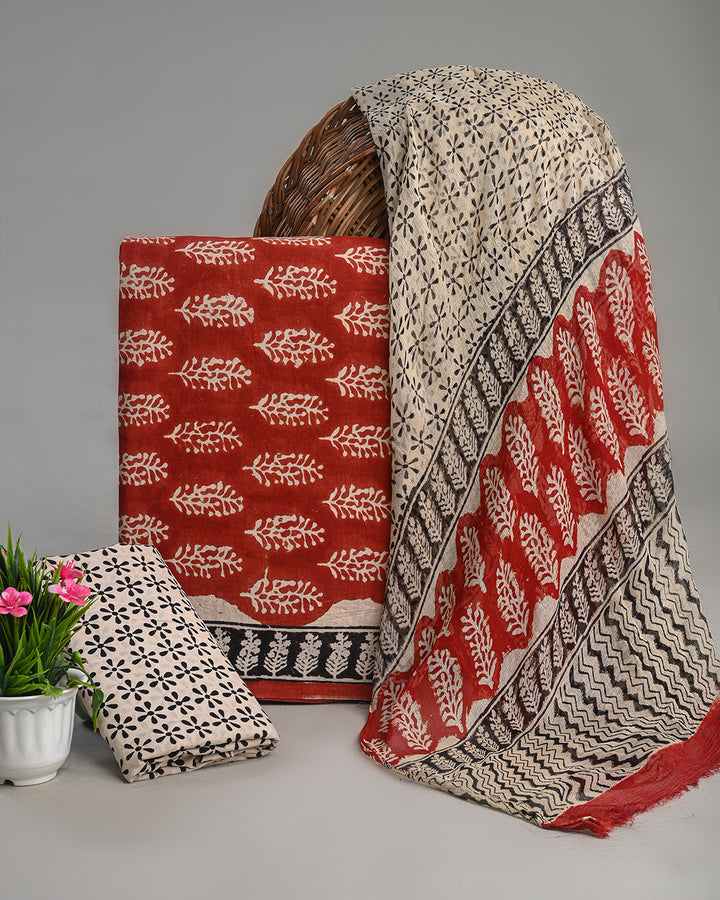 Traditional Hand Block Printed Cotton Suit With Chiffon Dupatta (BSCOTCH03)