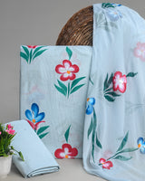 Premium Sky Blue Hand Block Sanganeri Print Cotton Suit With Chiffon Dupatta (BSCOTCH29)