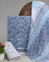 New Blue Premium Hand Block Sanganeri Print Cotton Suit With Chiffon Dupatta (BSCOTCH17)