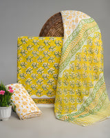Premium Yellow Hand Block Sanganeri Print Cotton Suit With Chiffon Dupatta BSCOTCH27