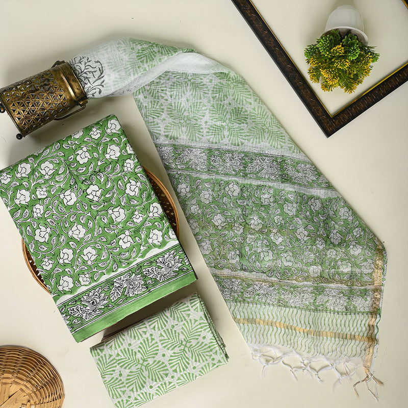 Sanganeri Hand Block Printed Cotton Suit With Kota Doria Dupatta BSCOTKO36