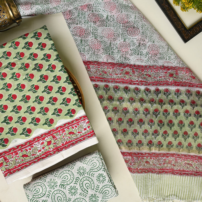Sanganeri Hand Block Printed Cotton Suit With Kota Doria Dupatta BSCOTKO51