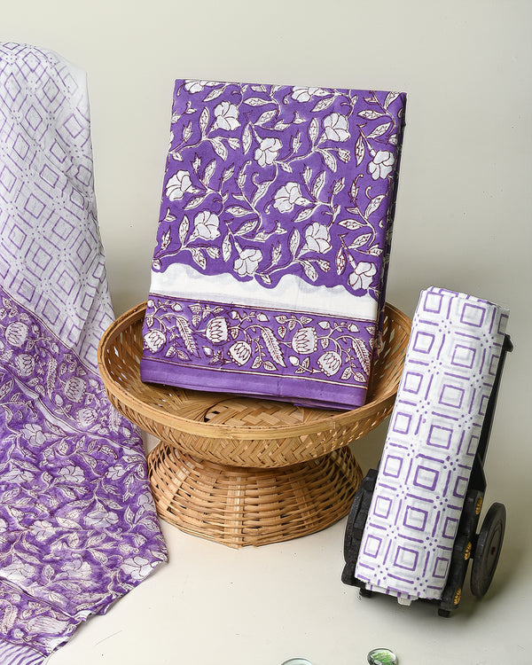 Elegant Purple Premium Hand Block Sanganeri Print Cotton Suit With Chiffon Dupatta (BSCOTCH24)