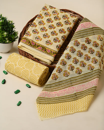 Yellow Hand Block Print Cotton Suit Sets With Cotton Dupatta CFCOTMU28