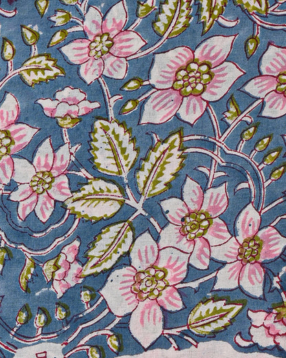 Blue and Pink Floral Hand Block Print Cotton Suit Sets With Cotton Dupatta  CFCOTMU54