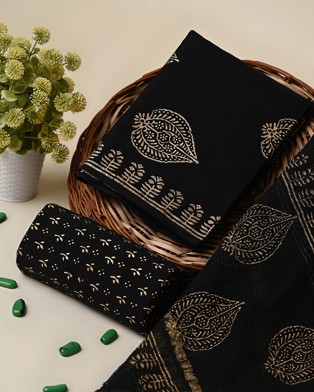 Exclusive Beige Green Block Printed soft Kota Cotton Kurta Dupatta Fabric Set KOTASS19