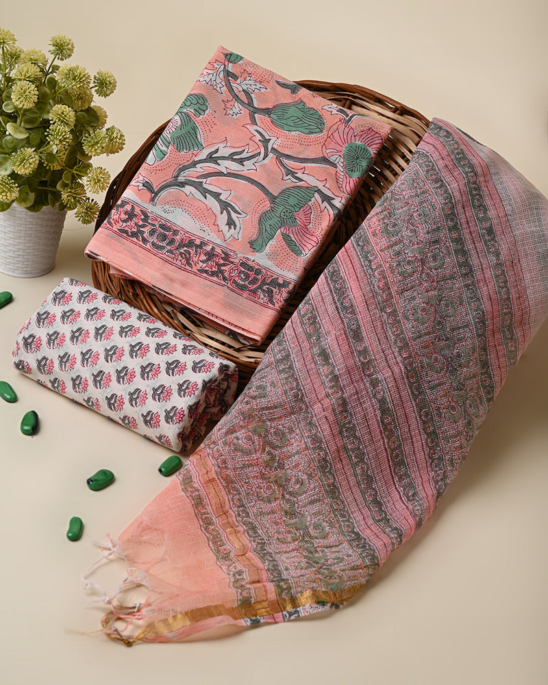 Hand Block Print Cotton Suit With Kota Dupatta