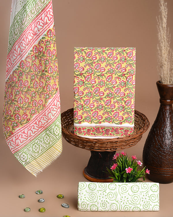 Premium Yellow and Pink Hand Block Printed Cotton Suit With Cotton Dupatta (BSCOTMU58)