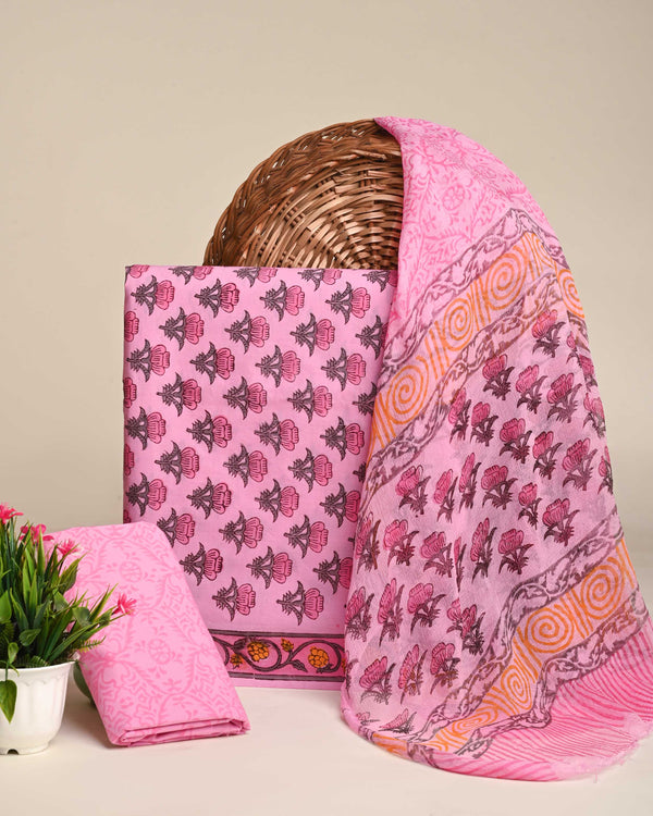 Premium Floral Sanganeri Print Cotton Suit With Chiffon Dupatta (BSCOTCH42)