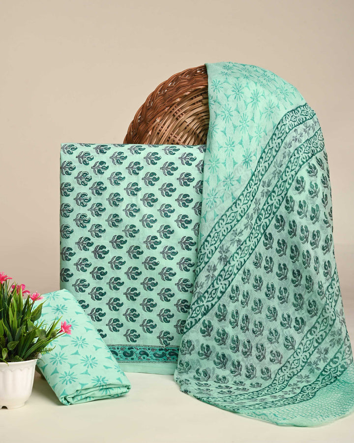 Exclusive Floral Hand Block Print Cotton Suit With Chiffon Dupatta (BSCOTCH43)