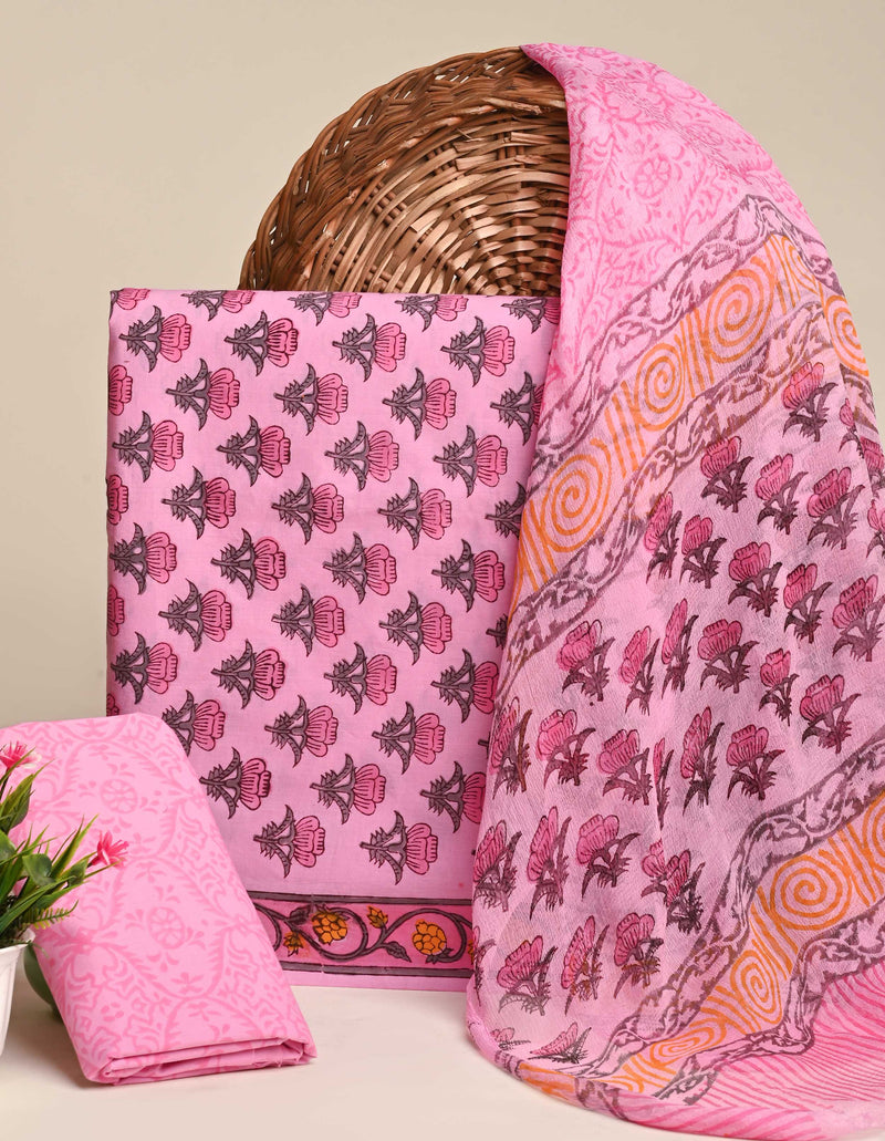 Premium Floral Sanganeri Print Cotton Suit With Chiffon Dupatta (BSCOTCH42)