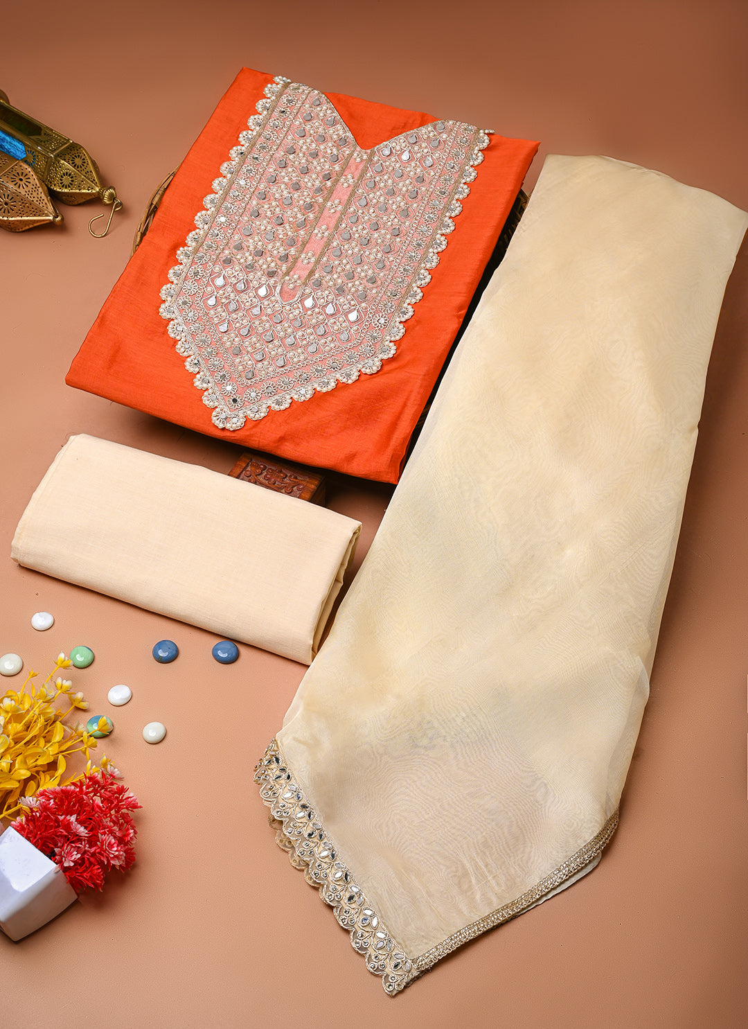 Noorani sheesha chanderi unstitched suit set (BSSECH04)