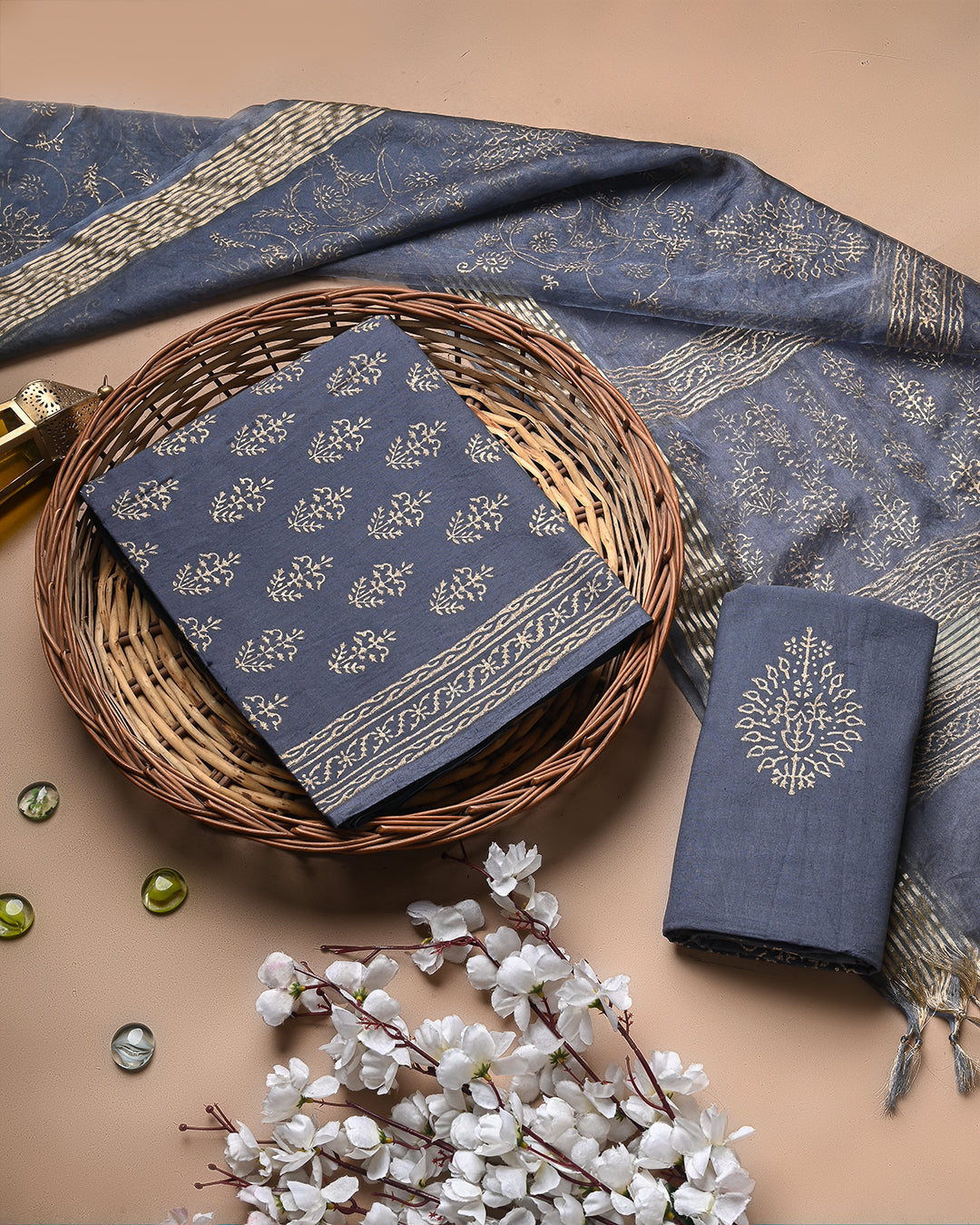 Elegant Grey With Golden Hand Block Printed Cotton Suit With Organza Dupatta BSCOD38