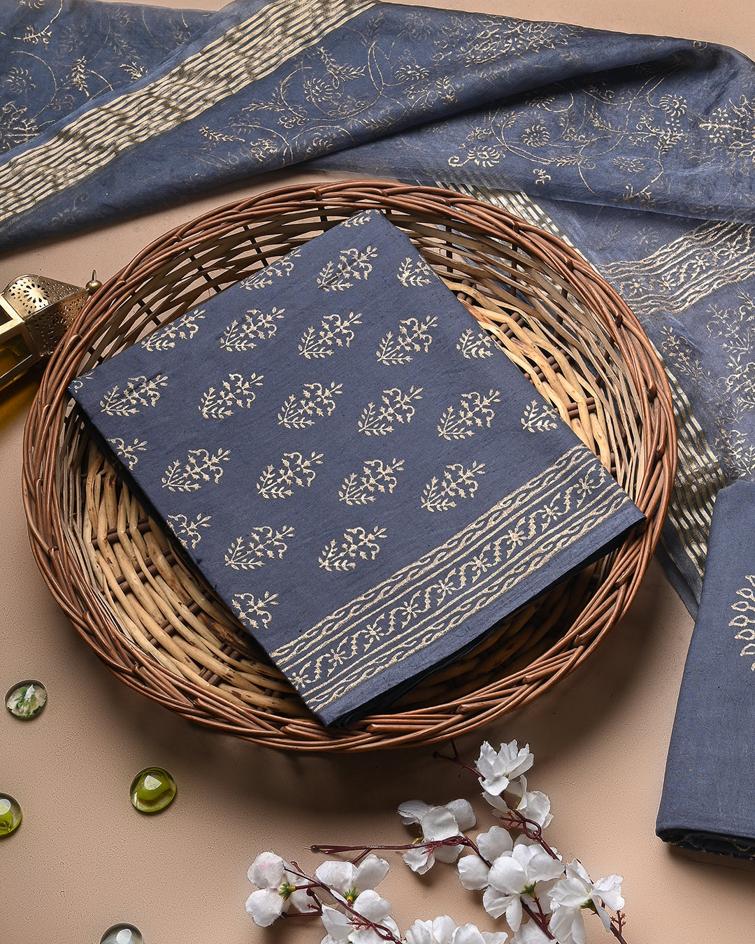 Elegant Grey With Golden Hand Block Printed Cotton Suit With Organza Dupatta BSCOD38
