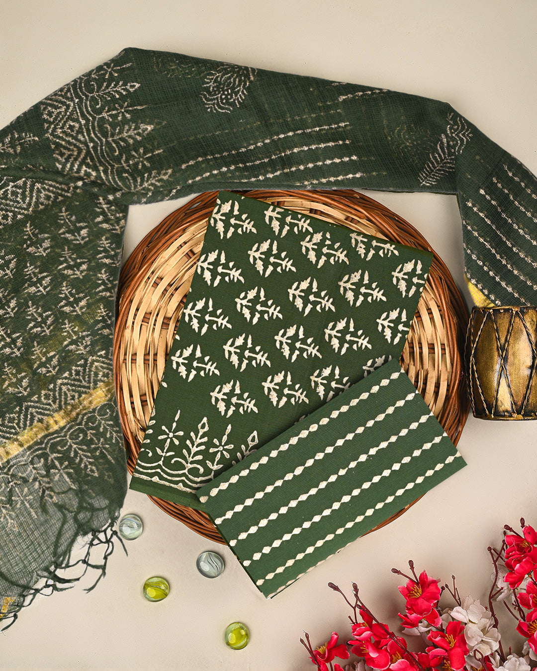 Elegant Green Gold Print Cotton Suit Sets With Kota Doria Dupatta (BSCOTKO75)