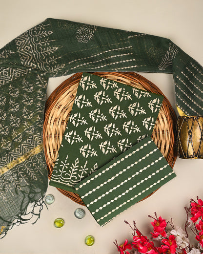 Elegant Green Gold Print Cotton Suit Sets With Kota Doria Dupatta (BSCOTKO75)