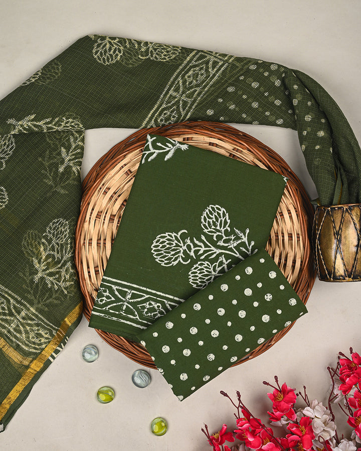 Premium Green Discharge Print Cotton Suit With Kota Doria Dupatta BSCOTKO60