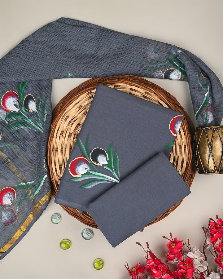 Exclusive Grey Hain Painted Cotton Suit Sets With Kota Doria Dupatta (BSCOTKO67)
