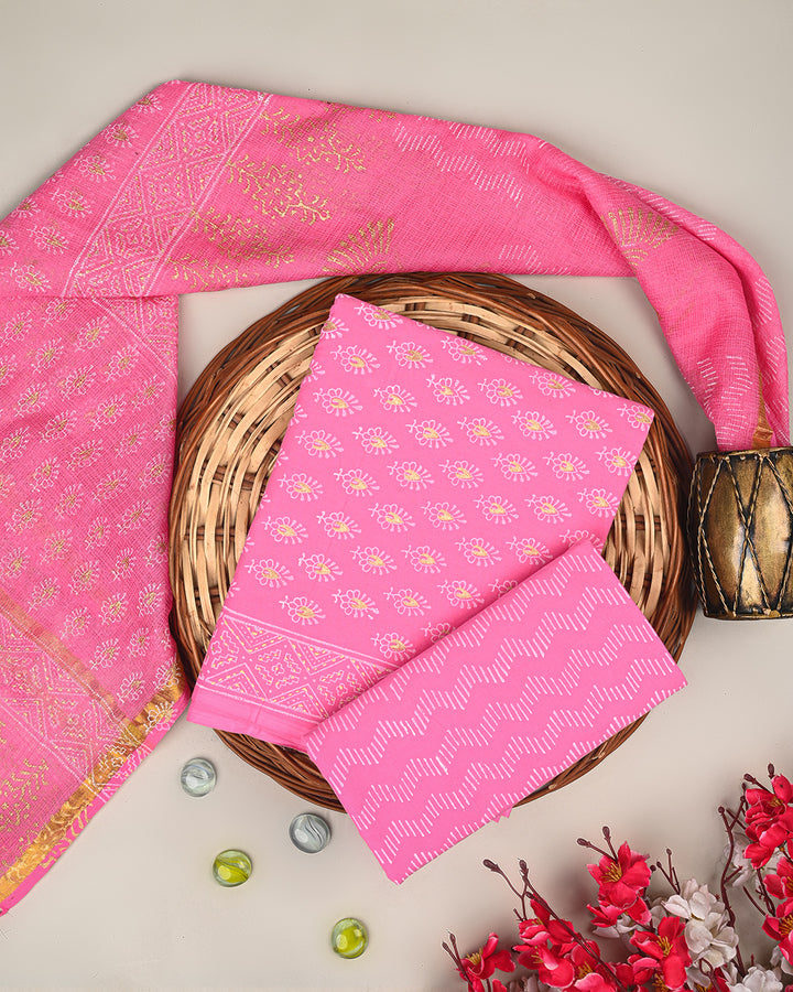 Exculsive Pink Khadi Gold Print Cotton Suit Sets With Kota Doria Dupatta (BSCOTKO69)