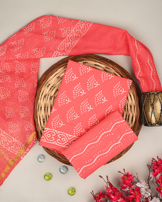 Exclusive Pink Discharge Print Cotton Suit Sets With Kota Doria Dupatta (BSCOTKO50)