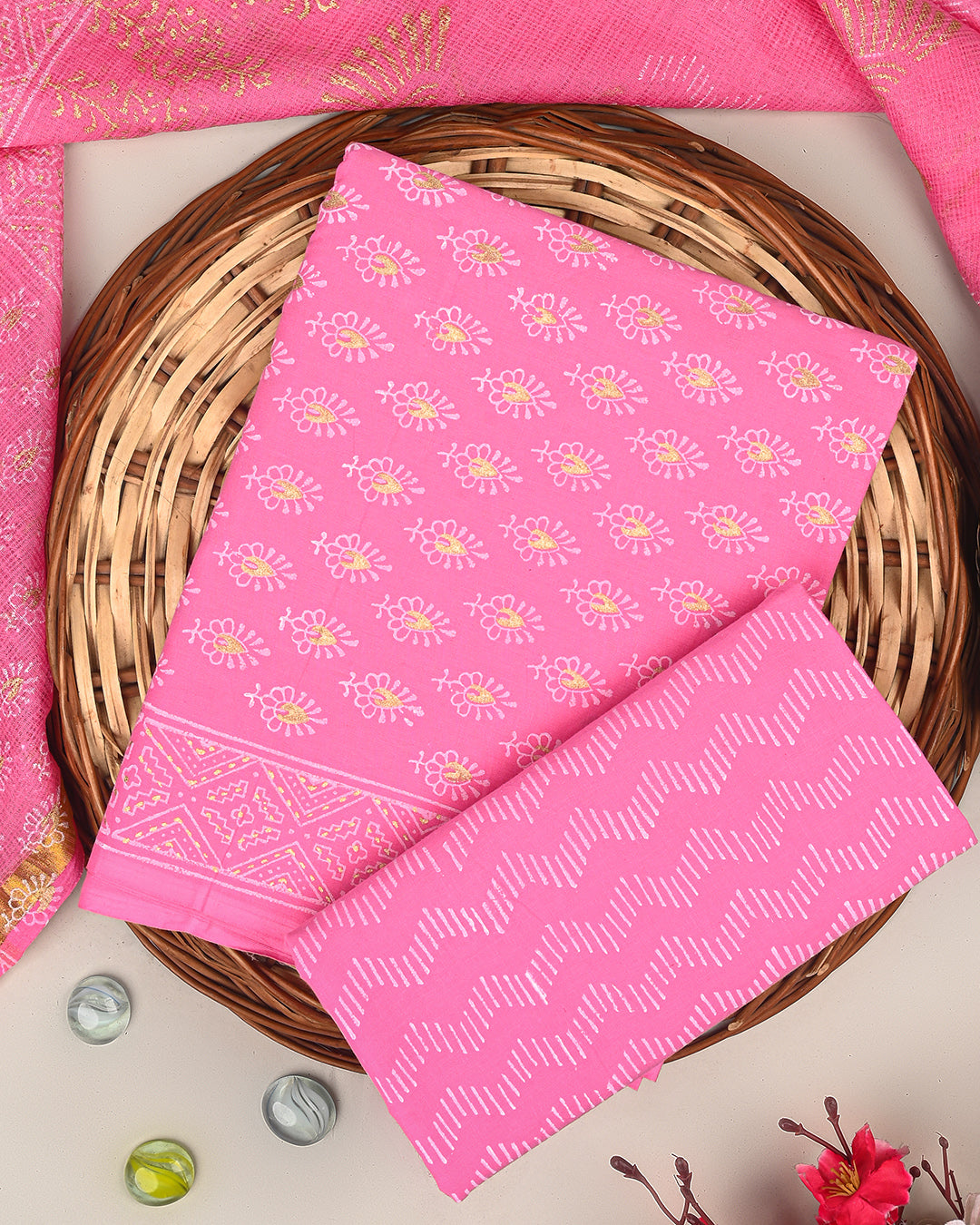 Exculsive Pink Khadi Gold Print Cotton Suit Sets With Kota Doria Dupatta (BSCOTKO69)