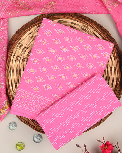 Exculsive Pink Khadi Gold Print Cotton Suit Sets With Kota Doria Dupatta (BSCOTKO69)
