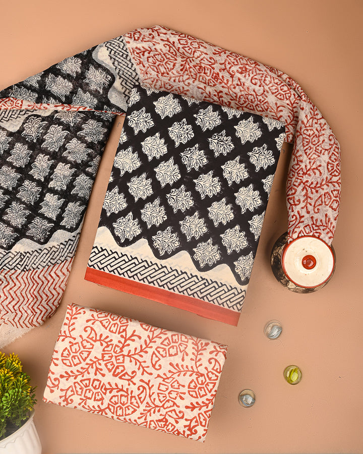 Tradiitional Sanganeri Printed Cotton Suit With Chiffon Dupatta (BSCOTCH25)