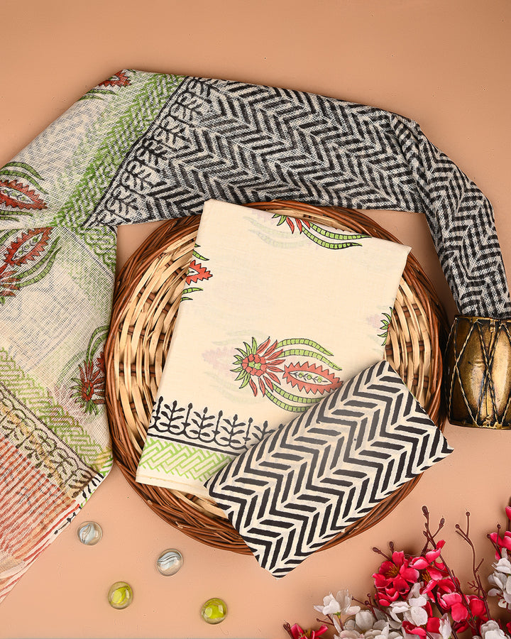 Elegant Hand Block Print Cotton Suit With Kota Doria Dupatta(BSCOTKO108)