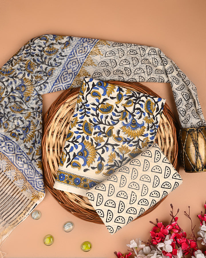 Elegant Hand Block Print Cotton Suit With Kota Doria Dupatta(BSCOTKO107)