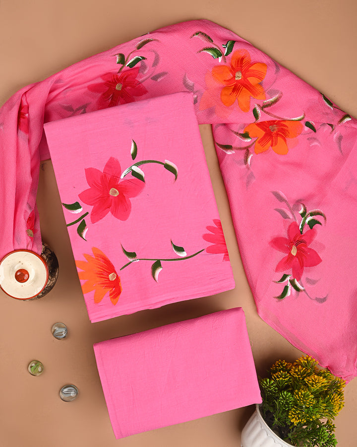 New Pink Floral Hand Painted Cotton Suit Sets With Chiffon Dupatta (BSCOTCH74)
