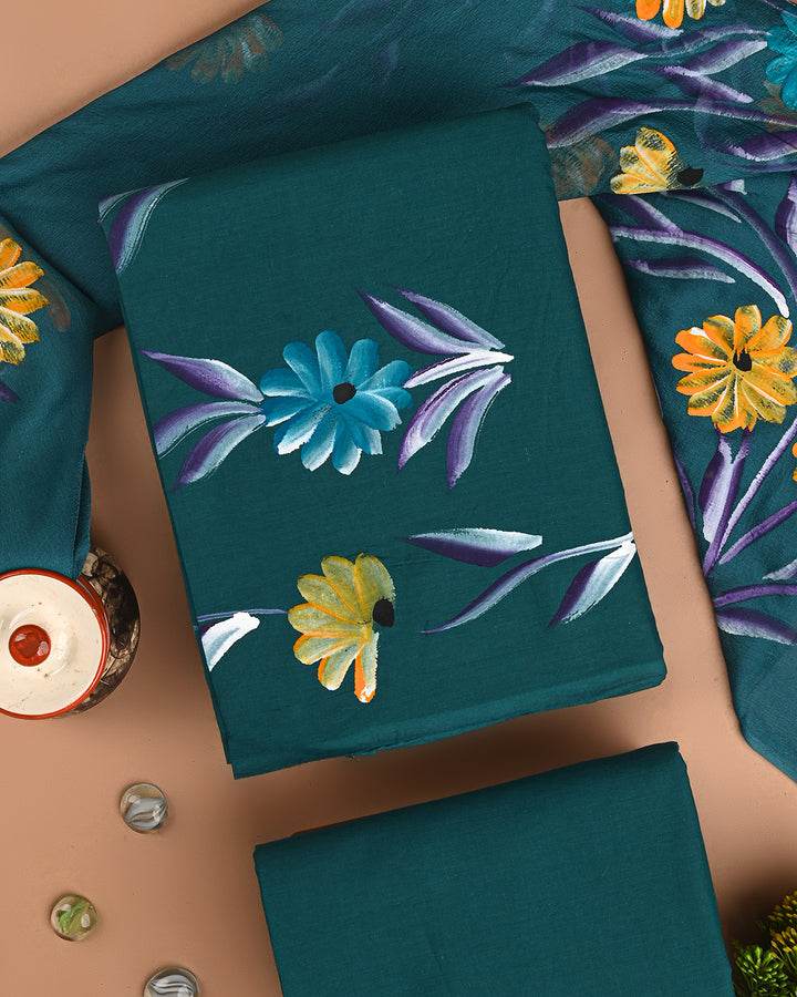 New Green Yellow Floral Hand Painted Cotton Suit With Chiffon Dupatta (BSCOTCH28)