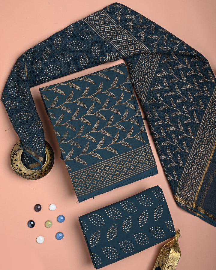 Premium Gold Printed Cotton Suit With Kota Doria Dupatta (BSCOTKO28)