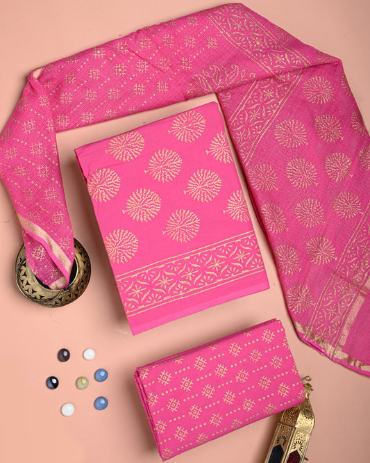 Exclusive Hand Block Print Cotton Suit With Kota Doria Dupatta(BSCOTKO87)