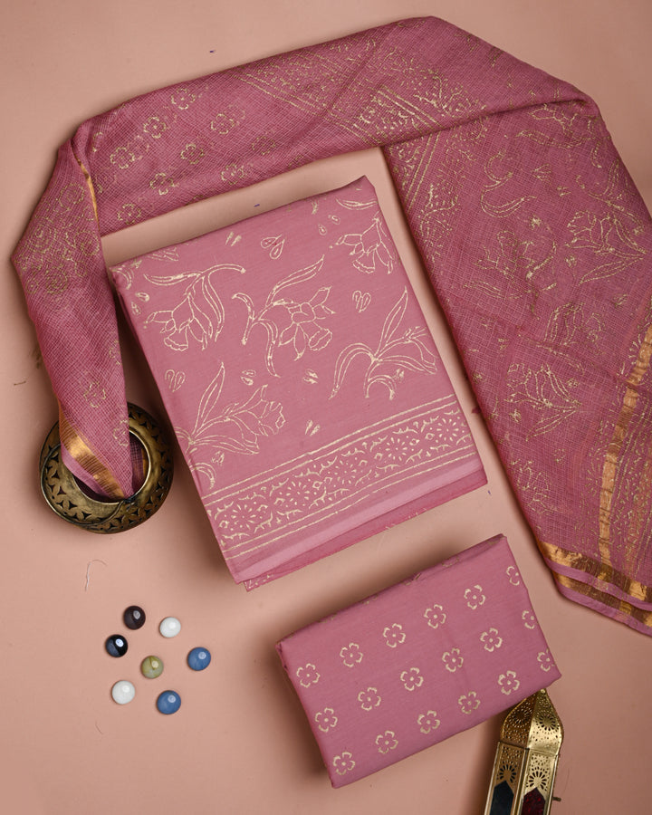 Premium Hand Block Elegant Gold Print Cotton Suit With Kota Dupatta (BSCOTKO55)