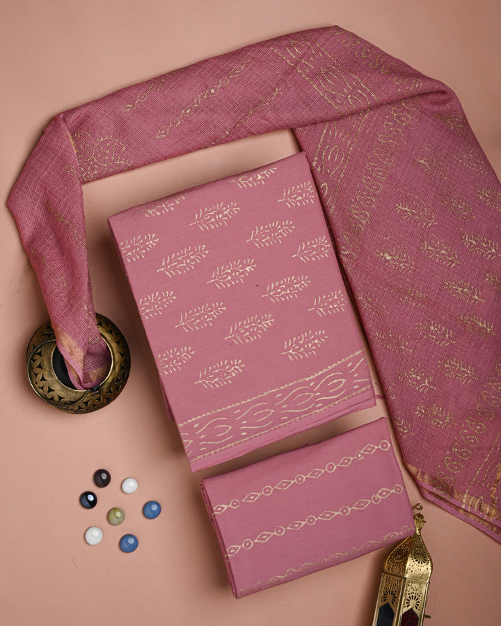 Traditional Khadi Gold Print Cotton Suit Sets With Kota Doria Dupatta (BSCOTKO70)