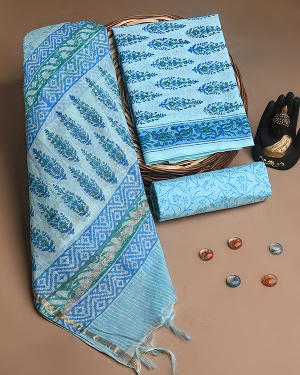 New Blue Hand Block Printed Cotton Suit With Chnaderi Dupatta BSCD04