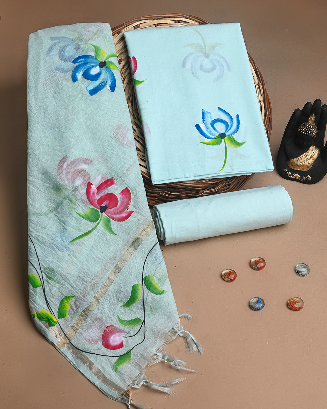 New Blue Hand Block Printed Cotton Suit With Chnaderi Dupatta BSCD14