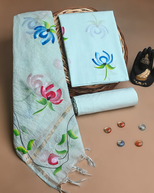 New Blue Hand Block Printed Cotton Suit With Chnaderi Dupatta BSCD14