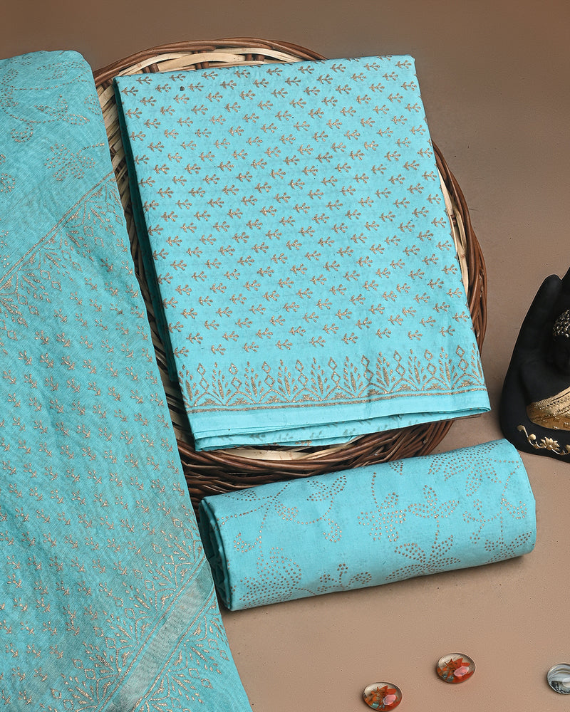 Sky Blue Hand Block Printed Cotton Suit With Chnaderi Dupatta BSCD35