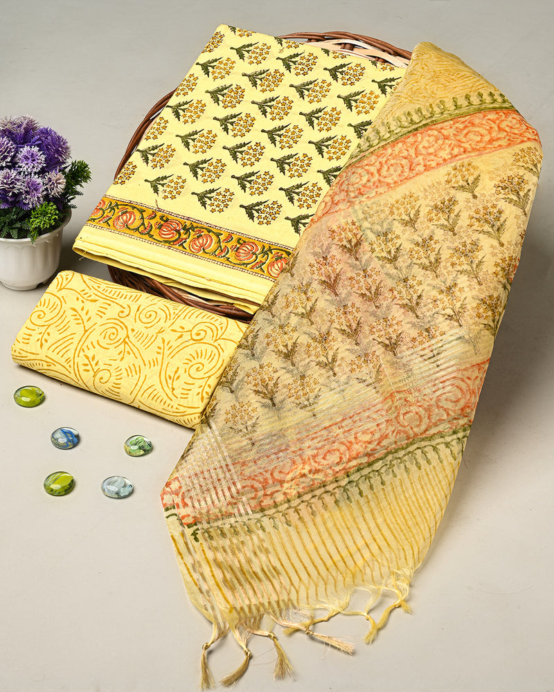 Hand Block Printed Cotton Suit With Organza Dupatta BSCOD29